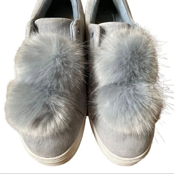 Steve Madden Bryanne Fluff Ball Platform Slip On Sneakers, Grey Multi Suede 9 - Picture 3 of 10